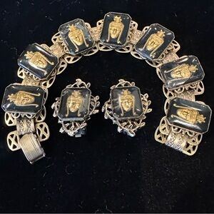 Mid-Century Mayan Face/Mask Demi-Parure Bracelet and Clip-On Earrings